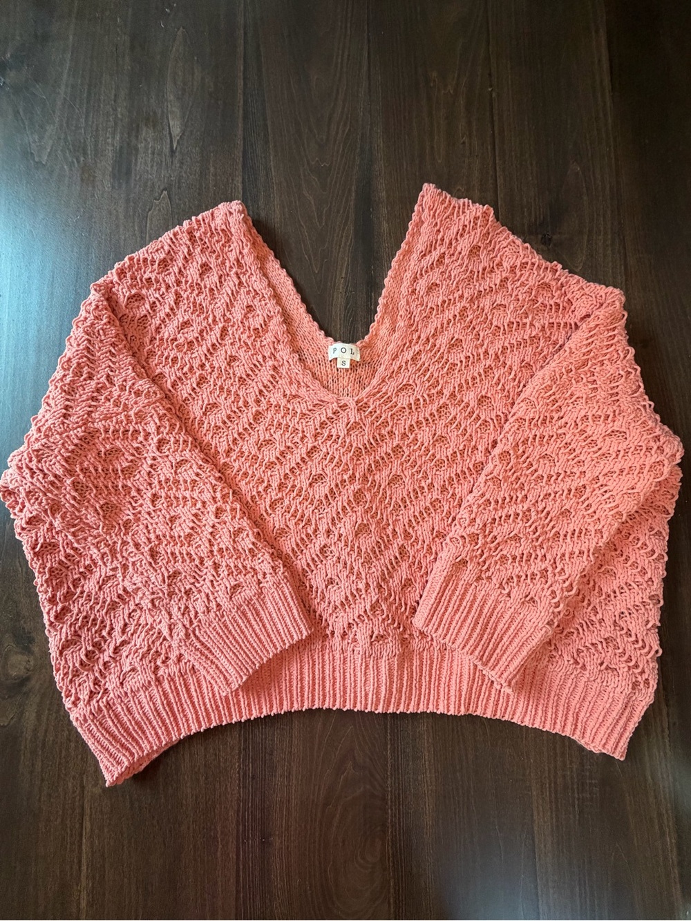 POL Open-Knit V-Neck Sweater in Coral